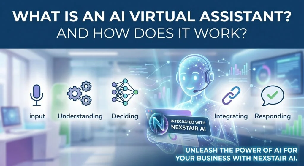 # What Is an AI Virtual Assistant and How Does It Work? *(I read "Whn" in your topic as "What Is an," so I've written it that way. Let me know if you meant something different.)* You've almost certainly used one already. Maybe you asked your phone for tomorrow's weather, told a smart speaker to play a song, or chatted with a helpful bot on a website at 11pm when no human was around. Behind each of those moments is an AI virtual assistant, quietly doing work that used to require a real person. But what exactly is an AI virtual assistant? How does it understand what you say, decide what to do, and respond so naturally? And how can your business actually use one? Let's break it all down in plain, friendly language, no computer science degree required. ## What Is an AI Virtual Assistant? An AI virtual assistant is a software program that uses artificial intelligence to understand human language, perform tasks, and answer questions through text or voice. It acts like a digital helper that can handle everything from simple requests (like setting a reminder) to more complex jobs (like booking appointments, answering customer questions, or pulling up account information). Unlike old-school software where you had to click through menus and fill out forms, a virtual assistant lets you simply ask for what you want in everyday language. You say or type what you need, and the assistant figures out the rest. Virtual assistants show up in many forms: - **Personal assistants** on phones and smart speakers - **Customer-facing assistants** on websites, apps, and messaging platforms - **Workplace assistants** that schedule meetings, summarize documents, and manage tasks - **Voice assistants** that handle phone calls and answer spoken questions ## How Does an AI Virtual Assistant Work? At a high level, an AI virtual assistant follows a simple loop: it listens, understands, decides, acts, and responds. Behind the scenes, several technologies work together to make that happen. Here's the process step by step. ### Step 1: How Does the Assistant Receive Your Request? Everything starts with input. That input can be: - **Text**, typed into a chat window, app, or messaging platform - **Voice**, spoken aloud to a smart speaker, phone, or call system If the request is spoken, the assistant first uses **speech recognition** (also called automatic speech recognition, or ASR) to convert your voice into written text. This technology has improved dramatically, and modern systems can handle different accents, speaking speeds, and even some background noise. ### Step 2: How Does the Assistant Understand What You Mean? This is where the real magic happens. The assistant uses **natural language processing (NLP)** and **natural language understanding (NLU)** to figure out not just the words you used, but what you actually want. Two key concepts are at work: - **Intent recognition:** What is the person trying to accomplish? "Can you move my appointment to Friday?" and "I need to reschedule" both express the same intent: changing a booking. - **Entity extraction:** What specific details are in the request? In the example above, "Friday" is a date entity, and "appointment" is the item being changed. Modern assistants are powered by **large language models (LLMs)**, which have been trained on enormous amounts of text. This helps them handle typos, slang, vague phrasing, and complicated questions far better than older rule-based systems could. ### Step 3: How Does the Assistant Keep Track of Context? Real conversations aren't a series of unrelated questions. If you ask, "What's the price of the premium plan?" and then follow up with "Does it include support?", the assistant needs to know that "it" means the premium plan. This is called **context management**. A good assistant remembers what was said earlier in the conversation, and sometimes even remembers details from previous interactions, so you don't have to repeat yourself. ### Step 4: How Does the Assistant Decide What to Do? Once the assistant understands your request, it needs to determine the best response or action. Depending on how it's built, it might: - Search its **knowledge base** for the right answer (like your FAQ or help articles) - Follow a pre-designed **workflow** (like guiding you through a return) - Use an **LLM** to generate a custom response based on your question and the available information - Decide it can't handle the request confidently and **escalate** to a human This decision-making layer is sometimes called the "dialogue manager" or "orchestration layer." Think of it as the assistant's brain deciding what to do next. ### Step 5: How Does the Assistant Take Action? Answering questions is helpful, but the most powerful virtual assistants can also *do things*. This happens through **integrations**, which connect the assistant to other software, such as: - Your calendar, to book or change appointments - Your CRM, to look up customer details - Your e-commerce platform, to check order status - Your helpdesk, to create or update support tickets - Payment or billing systems, to handle common account requests Through these connections (often via APIs), the assistant can fetch real-time information and complete tasks instead of just talking about them. ### Step 6: How Does the Assistant Respond? Finally, the assistant delivers its answer. This is done through **natural language generation (NLG)**, which turns the assistant's decision into a clear, human-sounding reply. If you're using a voice assistant, **text-to-speech (TTS)** technology converts that reply into spoken words. The best assistants adapt their tone and length to the situation: short and quick for simple questions, more detailed for complex ones, and always aligned with the brand's voice. ### Step 7: How Does the Assistant Get Better Over Time? Many AI virtual assistants improve through **learning and feedback**. Developers and businesses can review conversations, identify questions the assistant struggled with, update its knowledge, and refine its responses. Some systems also use machine learning to recognize patterns and improve accuracy as they handle more interactions. **If you'd like an assistant that's trained on your own business information and connected to your real systems, [nexstairai.com](https://nexstairai.com/) can help you build one that actually fits the way you work.** ## What Technologies Power an AI Virtual Assistant? Here's a quick, scannable summary of the main building blocks: | Technology | What It Does | |---|---| | **Natural Language Processing (NLP)** | Helps the assistant read and interpret human language | | **Natural Language Understanding (NLU)** | Identifies intent and extracts key details from a request | | **Large Language Models (LLMs)** | Generate flexible, human-like responses and handle complex questions | | **Speech Recognition (ASR)** | Converts spoken words into text | | **Text-to-Speech (TTS)** | Converts text responses into natural-sounding speech | | **Machine Learning (ML)** | Helps the system learn patterns and improve over time | | **APIs and Integrations** | Connect the assistant to business tools and data | | **Knowledge Base / Retrieval** | Gives the assistant accurate, up-to-date information to draw from | ## What Are the Different Types of AI Virtual Assistants? Not every virtual assistant works the same way. Here are the main categories. **Rule-based assistants.** These follow pre-written scripts and decision trees. They're predictable and good for simple tasks, but they struggle when customers phrase things unexpectedly. **AI-powered conversational assistants.** These use NLP and machine learning to understand free-form language. They're far more flexible and can handle a wide range of questions. **LLM-powered assistants.** The newest generation uses large language models to hold fluid, natural conversations, summarize information, and reason through multi-part requests. **Voice assistants.** These specialize in spoken interactions, whether on smart speakers, phones, or automated call systems. **Agentic assistants.** An emerging category, these assistants don't just respond; they can plan and carry out multi-step tasks on your behalf, such as researching options, filling out forms, or coordinating across several apps, all within boundaries you define. ## What Is the Difference Between an AI Virtual Assistant and a Chatbot? People often use these terms interchangeably, but there's a useful distinction. A **chatbot** is typically designed for a narrow purpose, usually answering questions or following a set script within a chat window. A **virtual assistant** is generally broader: it understands context, works across multiple channels, connects to several systems, and can complete a wider range of tasks. In practice, the line is blurring. Many modern chatbots are really AI virtual assistants under the hood. The key difference to look for is capability: can it merely respond, or can it understand, remember, and act? ## What Are the Real-World Uses of AI Virtual Assistants? Virtual assistants are showing up in nearly every industry. Here are some of the most common uses. **Customer support.** Answering FAQs, tracking orders, handling returns, and escalating tricky issues to human agents, all around the clock. **E-commerce.** Recommending products, answering sizing and shipping questions, and nudging shoppers who hesitate at checkout. **Healthcare.** Scheduling appointments, sending reminders, and answering basic administrative questions (while leaving medical decisions to professionals). **Banking and finance.** Checking balances, explaining fees, and guiding customers through routine account tasks securely. **Real estate.** Answering listing questions, qualifying leads, and booking property viewings. **Hospitality and travel.** Handling reservations, itinerary questions, and local recommendations. **Human resources.** Answering employee questions about policies, benefits, and time off, and helping with onboarding. **Sales and marketing.** Qualifying leads, capturing contact details, and booking demos for the sales team. ## What Are the Benefits of Using an AI Virtual Assistant? Businesses and individuals adopt virtual assistants for good reasons. - **24/7 availability.** Help is there whenever customers need it, across every time zone. - **Instant responses.** No more waiting in queues or for email replies. - **Cost efficiency.** Handling more conversations without proportionally growing your team. - **Consistency.** The same accurate answer every time, based on your approved information. - **Scalability.** Whether you have ten conversations a day or ten thousand, the assistant keeps up. - **Happier teams.** Employees spend less time on repetitive tasks and more on meaningful work. - **Useful insights.** Conversations reveal what customers really want to know, helping you improve your products, website, and policies. - **More sales.** Quick answers and helpful recommendations remove friction and help customers complete purchases. **Curious how much time and money a virtual assistant could save your business? [nexstairai.com](https://nexstairai.com/) can help you map out the opportunity and get started without the guesswork.** ## What Are the Limitations of AI Virtual Assistants? It's worth being realistic. Even great assistants have limits. - **They can misunderstand.** Unusual phrasing, heavy ambiguity, or very niche topics may trip them up. - **They depend on their information.** If the knowledge base is outdated or incomplete, the answers will be too. - **They can sometimes be wrong.** Language-model-based systems may occasionally produce confident but inaccurate responses, which is why guardrails and good source material matter. - **They lack true human empathy.** They can detect sentiment, but emotionally sensitive situations still benefit from a real person. - **Privacy and security need attention.** Handling personal data responsibly requires proper safeguards and compliance. The good news is that all of these can be managed with thoughtful design: clear boundaries, quality information, regular reviews, and an easy path to a human when needed. ## How Do You Choose the Right AI Virtual Assistant for Your Business? If you're thinking about adopting one, ask yourself these questions. 1. **What problem am I solving?** Support volume, lead capture, scheduling, internal help, or something else? 2. **Which channels do my customers use?** Website, WhatsApp, Instagram, email, phone? 3. **What systems does it need to connect to?** Your CRM, calendar, store, or helpdesk? 4. **How customizable is it?** Can you control tone, workflows, and escalation rules? 5. **How does it handle human handoff?** The transition should be smooth, with full context passed along. 6. **What does security look like?** Look for data protection and compliance with regulations relevant to your customers. 7. **Can I see performance data?** Good analytics help you measure and improve. 8. **What support will I get?** Setup and ongoing optimization make a big difference to results. ## How Do You Get Started With an AI Virtual Assistant? You don't need a massive project to begin. A simple path looks like this: 1. **Identify your top 5 to 10 most common customer questions or tasks.** 2. **Gather accurate, up-to-date information** such as FAQs, policies, and product details. 3. **Choose a platform or partner** that fits your needs and integrates with your tools. 4. **Set up and test** with real-world questions before launching. 5. **Launch on one channel first**, then expand as you gain confidence. 6. **Review conversations regularly**, improving responses and adding new capabilities over time. Starting small and growing steadily is almost always better than trying to automate everything at once. ## What Does the Future Hold for AI Virtual Assistants? The technology is moving quickly. A few trends worth watching: - **More proactive help.** Assistants that reach out with useful information before you ask, such as shipping delays or appointment reminders. - **Greater autonomy.** Agentic assistants that complete multi-step tasks within rules you set. - **Richer personalization.** Better memory of preferences and history, creating more natural, tailored experiences. - **Multimodal interaction.** Assistants that understand text, voice, images, and documents all in one conversation. - **Smoother voice experiences.** Phone and voice interactions that feel increasingly human and natural. - **Stronger safeguards.** Better accuracy controls, privacy protections, and transparency about when you're talking to AI. The businesses that start learning and experimenting now will be best positioned to benefit as these capabilities mature. ## Final Thoughts: Is an AI Virtual Assistant Worth It? An AI virtual assistant is, at its heart, a digital teammate. It listens to what people ask, understands what they mean, finds or does what's needed, and responds in a way that feels natural, all in a matter of seconds and at any hour of the day. Under the hood, it's a clever combination of speech recognition, language understanding, decision-making, integrations, and language generation. But from the customer's point of view, it's simple: they ask, and they get helped. For businesses, the payoff is faster service, lower costs, happier teams, and more room to grow. The key is to start with a clear goal, give your assistant good information, keep humans available for the moments that matter, and keep improving based on real conversations. **Ready to bring an AI virtual assistant into your business? Visit [nexstairai.com](https://nexstairai.com/) to explore how a custom-built assistant can help you serve customers better, save time, and grow with confidence.** --- Want me to write a follow-up next? Good options might be "AI Virtual Assistant vs. Chatbot: What's the Difference?" or "How to Train an AI Virtual Assistant on Your Business Data.
